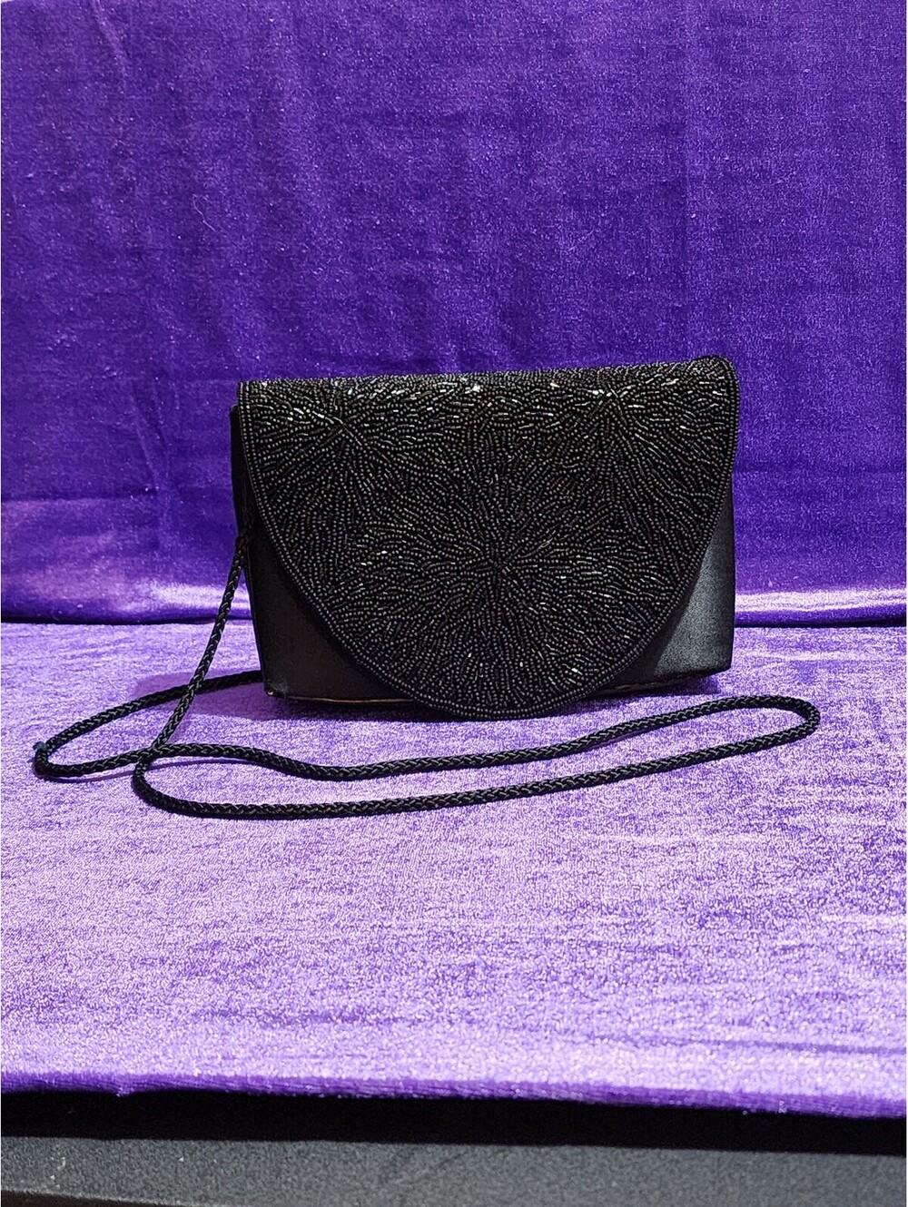 Elegant Black Beaded Evening Clutch Purse with Strap